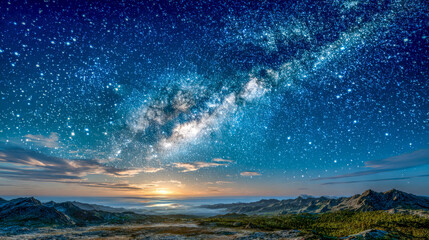 Fototapeta premium Starlit night blankets a majestic mountain range under the shimmering glow of the Milky Way and the rising sun illuminating the horizon