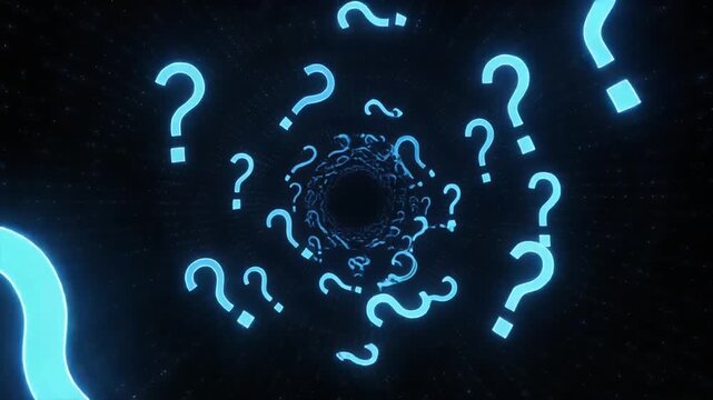 Glowing blue question marks swirling in spiral tunnel, dark background