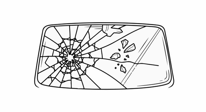 Line drawing of a severely cracked and shattered windshield