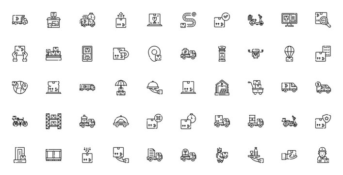 Delivery icon set. Vector collection of shipping and logistics symbols. Includes truck, warehouse, package, drone, tracking, express delivery, courier, inventory and more. Editable stroke.