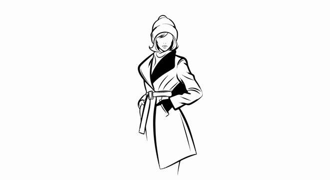 Fashionable woman in trench coat and beanie, drawn with bold strokes