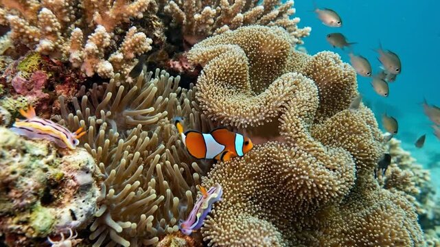 Clownfish Swimming in Anemone on Coral Reef