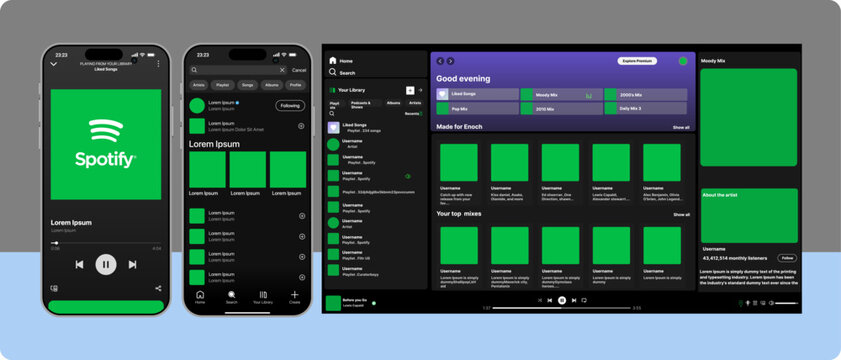 Spotify interface. Social media pages mockup template. Editorial mockup of Spotify interface. Music platform. Spotify music platform interface mockup. White background. Vector icons.	
