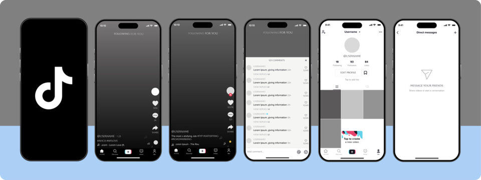 Tiktok. Tik tok mobile App interface template. Tiktok mockup social media template. mobile app interface template on social network. Tiktok Home, User, activity template.	