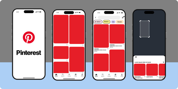 Pinterest UI mockup template. Visual discovery platform layout with pin board, user profile, and search interface. Website and mobile app design for inspiration and content sharing.	