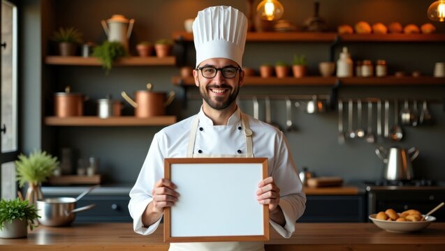 Chef profesional sosteniendo un tablero de men&uacute; en blanco dentro de una acogedora cocina de restaurante, con estantes r&uacute;sticos y ollas colgantes detr&aacute;s
