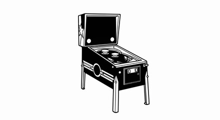 Black and white illustration of a classic pinball machine with flippers and a scoreboard © gilang
