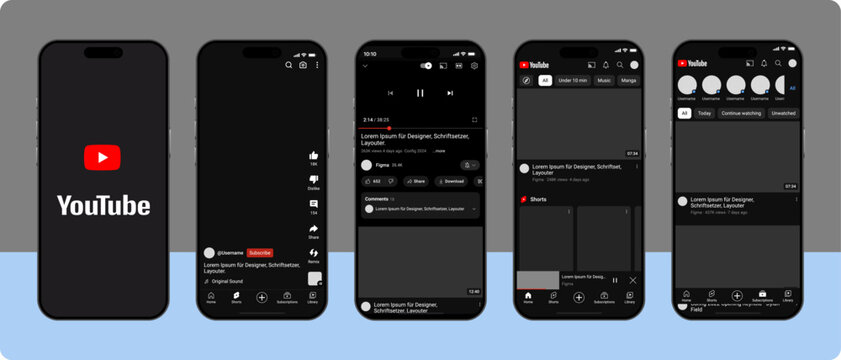 Youtube mockup social media template. Youtube video template. Youtube shorts mockup phone ui screen display. Youtube video frame in smartphone screen template vector. Youtube in smartphone frame.