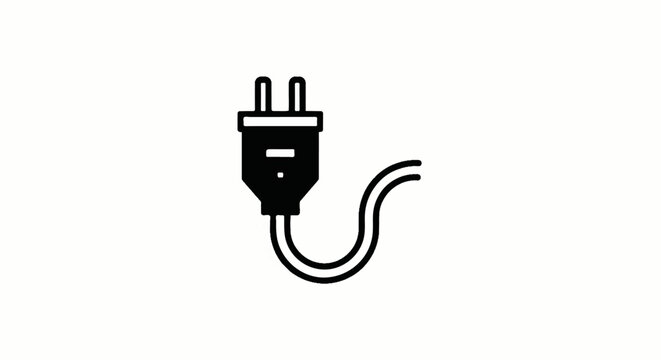 A simple black and white graphic icon of an electrical plug and cord