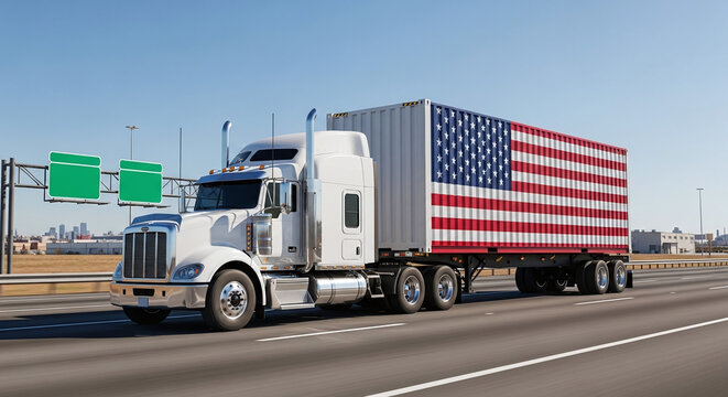 American Flag Shipping Container Truck on Highway