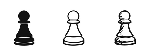 Chess pawn icon set featuring solid, outline, and hand-drawn styles. Vector illustration for strategy, game, and competition concepts. © drawing lines