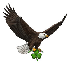 Obraz premium A brown and white bald eagle holding a green four leaf clover isolated on transparent background