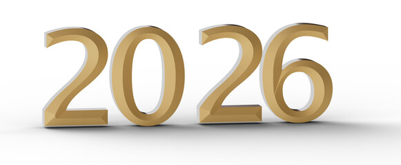 3D render of the year 2026 in gold on a white surface. Ideal for New Year greetings, business presentations, and future © vegefox.com