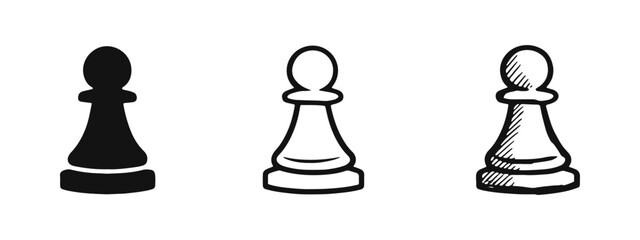 Chess pawn icon set featuring solid, outline, and hand-drawn styles. Vector illustration for strategy, game, and competition concepts. © drawing lines