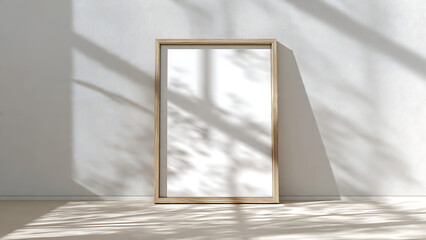 A wooden picture frame leans against a white wall with shadows cast on it.