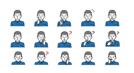 Fototapeta premium Collection of various facial expressions and gestures of a young Asian man in a blue high school sailor uniform.