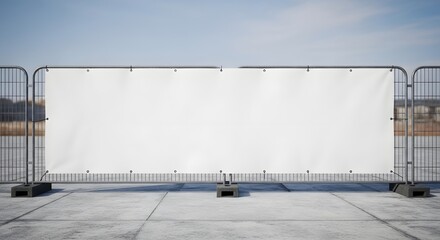 Obraz premium Blank white rectangular banner on temporary metal fences outdoors for advertising mockup