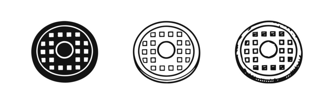 Round waffle icon set in solid, outline, and hand-drawn sketch styles. Vector illustration for breakfast, food, and baking concepts.