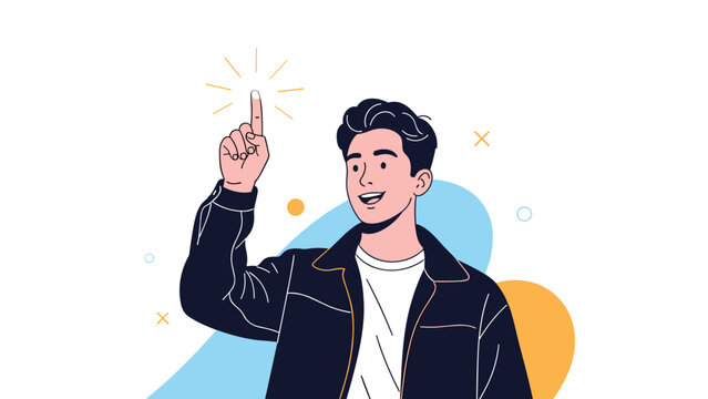 Enthusiastic young man in a denim jacket pointing upwards as if he just had a brilliant new idea or realization.