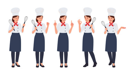 Fototapeta premium Various poses and expressions of a female chef in a professional uniform holding kitchen tools for culinary themes.