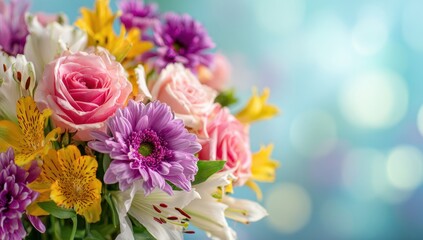 Vibrant Spring Bouquet of Pink Roses, Purple Asters, Yellow Flowers, Soft Bokeh.