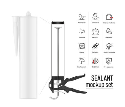 Skeleton sealant gun for caulks cartridge mockup with set icons. Vector illustration isolated on white background. Can be use for template your design, presentation, promo, ad. EPS10.