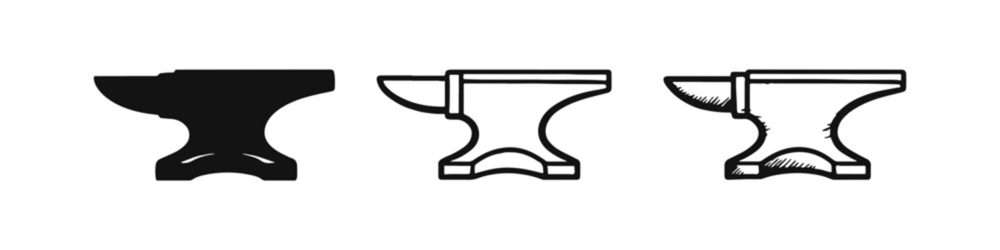 Blacksmith's anvil icon set in solid, outline, and hand-drawn sketch styles. Vector illustration for metallurgy, workshop, and strength concepts.