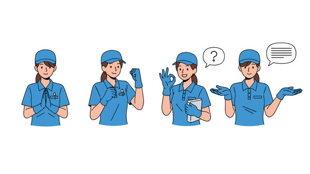 Female service worker in a blue cap and uniform with gloves shown in four different poses including praying, fist pump, and okay sign.