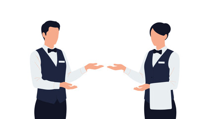Obraz premium Professional male and female restaurant servers in formal vests and bow ties making welcoming hand gestures to invite or guide customers.
