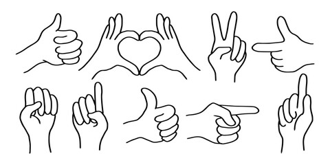 Minimalist hand gestures line art set, expressive human hand symbols. Hand drawn human hand showing various signs collection