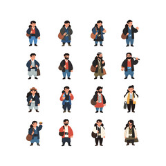 Naklejka premium Cartoon travelers with luggage in various poses on white background
