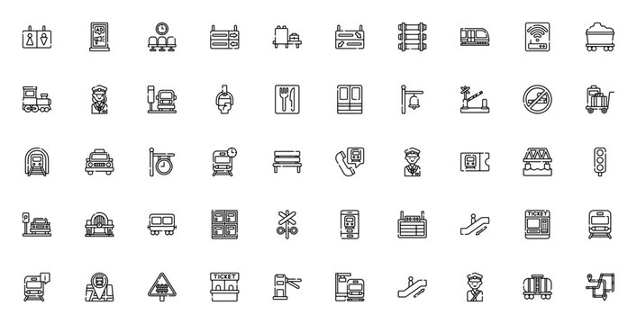Train station icon set. Vector symbols for toilet signs, waiting room, train, ticket, map, directional signs and more. Minimalist line icons.