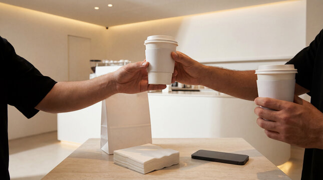 A cohesive premium brand world scene inside a minimalist architectural café with warm indirect light