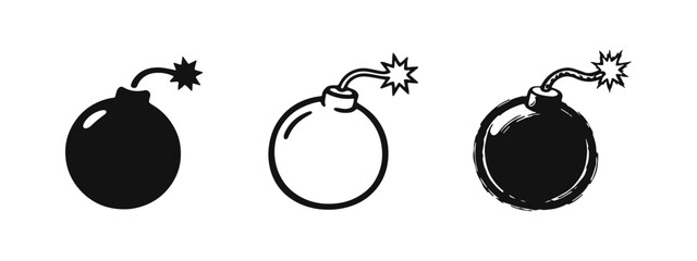 Classic cartoon bomb icon set with burning fuse in various styles, symbolizing danger or explosion. © drawing lines