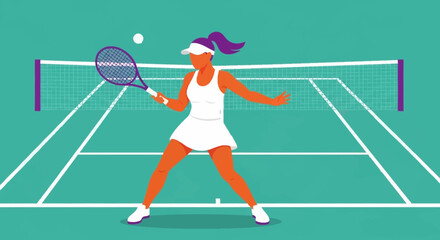 Female tennis player hitting a ball on a court.