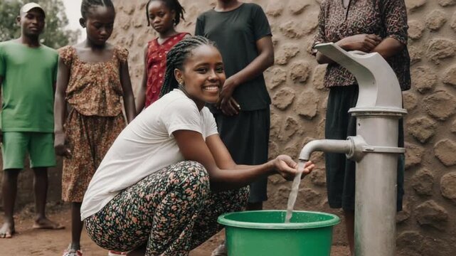 Smiling African woman collects fresh water from communal pump