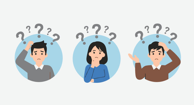 Three cartoon people puzzled with question marks above their heads.