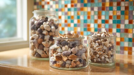 Three glass jars filled with a diverse collection of small shells and stones, arranged on a wooden surface