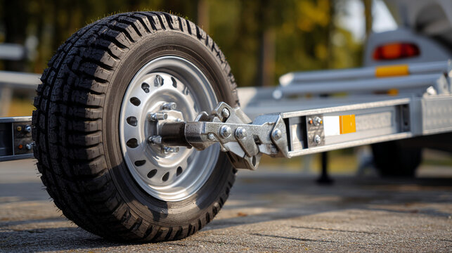 Close-up of a trailer tire with a rugged tread on a paved surface