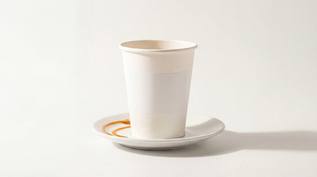 Minimal studio product mockup of a white paper cup on a small white ceramic saucer, clean blank labe