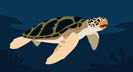 Hawksbill Sea Turtle Swimming Underwater in Dark Blue Ocean. © Abhinaya Project