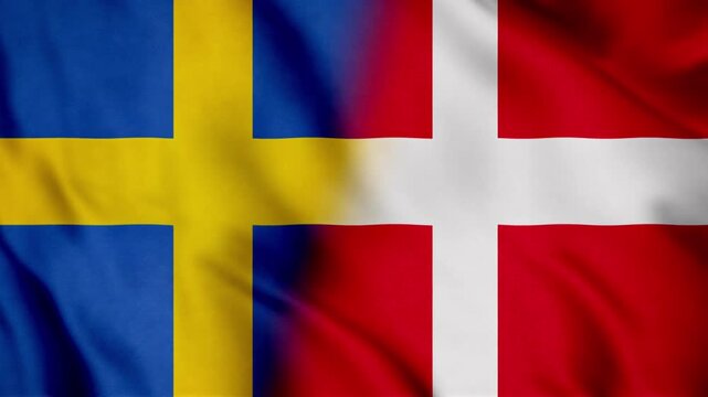 Swedish and Nordic combined flags waving in wind, Scandinavian regional unity concept, cultural identity and cooperation symbolism, realistic fabric texture seamless 4K loop