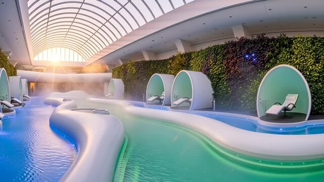 A serene indoor pool area with modern lounge chairs and a living wall in a luxurious spa video