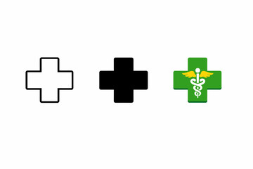 Obraz premium Medical cross symbols in different styles: outline, solid black, green with caduceus