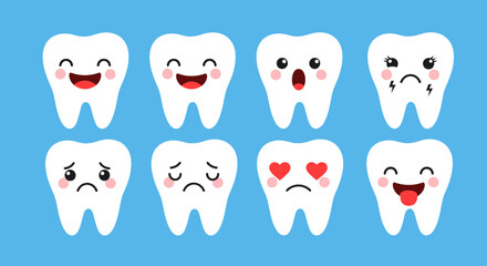 Cartoon teeth with different facial expressions on blue background.