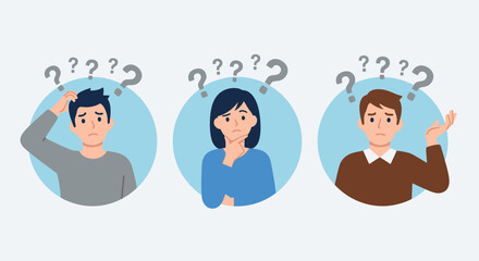 Three people puzzled with question marks above their heads.