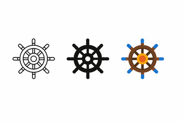 Nautical steering wheel icon set featuring outline, solid, and colorful designs