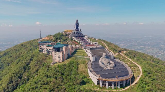Drone view the Lady Buddha and Maitreya Buddha statues on the summit of Ba Den Mountain - Tay Ninh province, south Vietnam