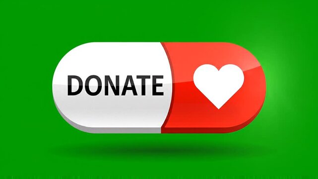 Animated 3D 'DONATE' pill button with a shining heart icon, isolated on a bright green screen.