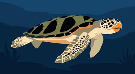 Illustration of a sea turtle swimming underwater with ocean background. © Abhinaya Project
